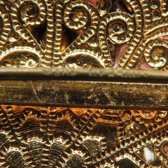 Vintage West Germany Brown Cameo Rhinestone Faux Pearl Accent Filigree Brooch - Picture 6 of 10